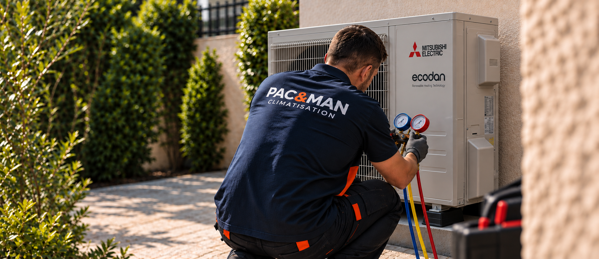 Technicien PAC&MAN intervenant sur une pompe à chaleur Mitsubishi Electric